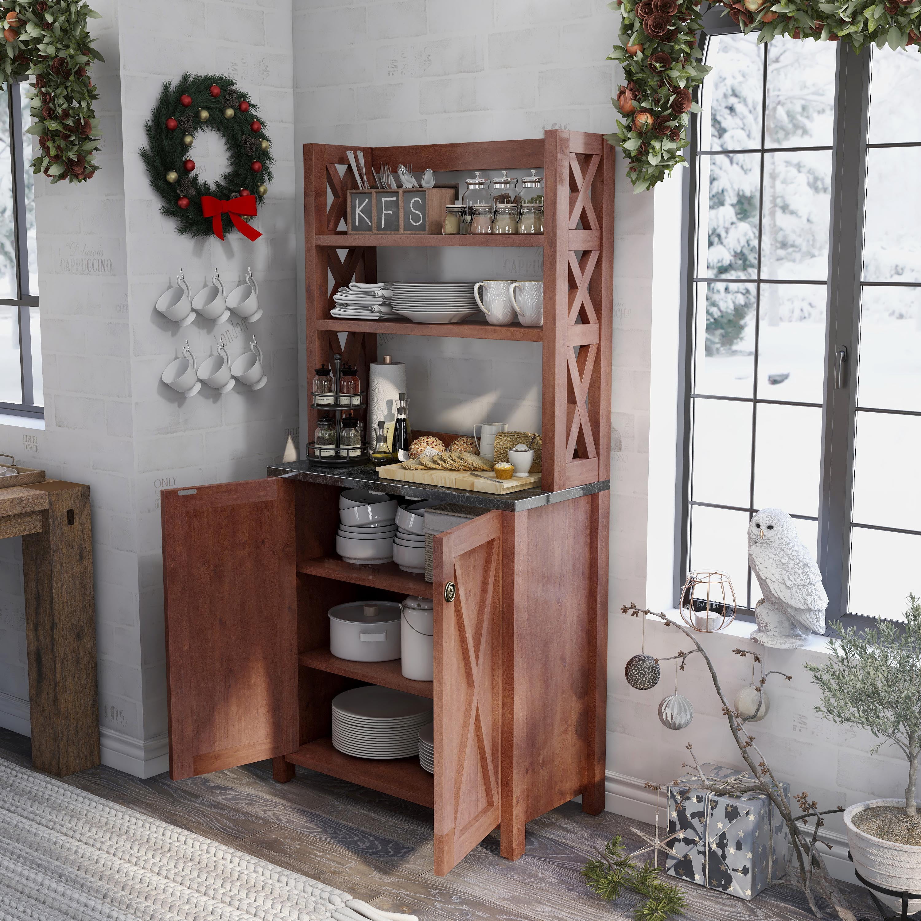 Furniture of America Wilkes Rustic 2-Door Bakers Rack, Vintage Walnut