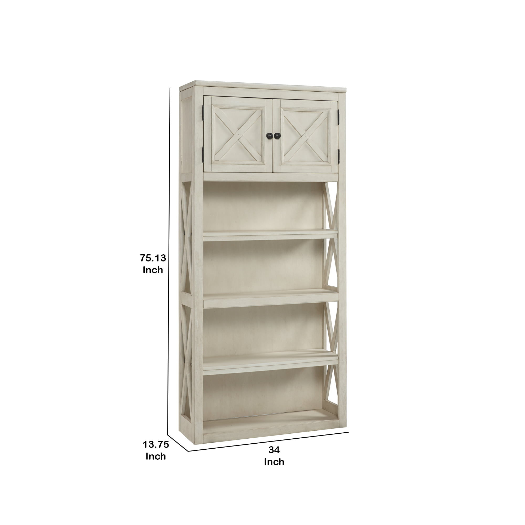 Benjara 4 Door Wooden Cabinet with Metal Knob Handles White 
