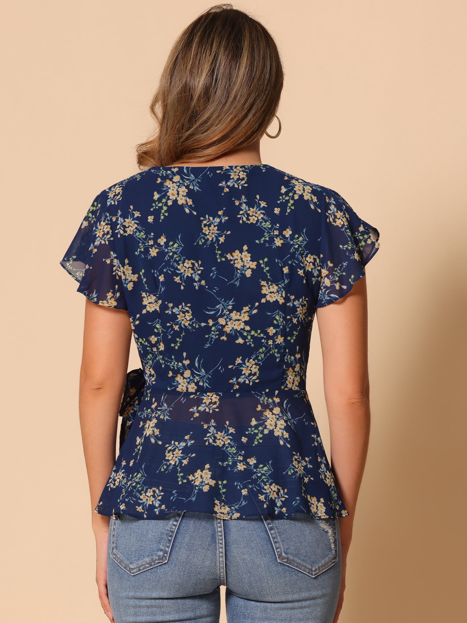 DARING DIVA Floral Wrap V Neck Tie Waist Peplum Blouse L Dark Blue