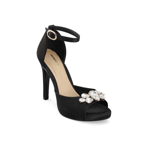 Sandalia Color Negro Adorno En Pedrería Altura 11.5Cm Mundo Terra 030317
