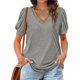 thumbnail image 1 of Camiseta de manga soplada para mujer, blusa de manga corta con cuello en V, informal, holgada, de Color puro, para citas, 1 of 5