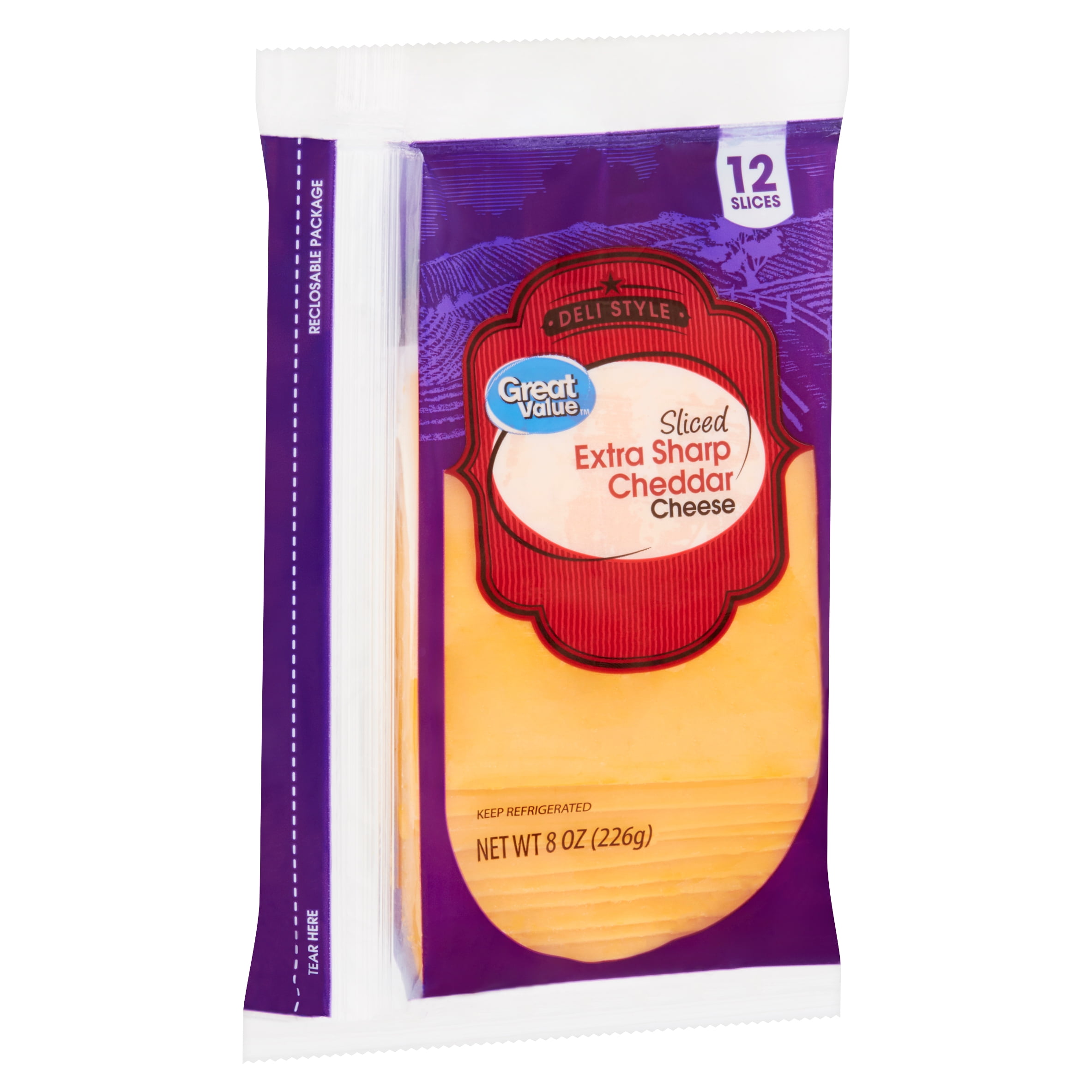Great Value Deli Style Sliced Extra Sharp Cheddar Cheese, 12 count, 8
