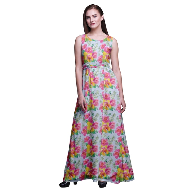 Bimba Floral Printed Women Sleeveless Gown Chic Style Long MaxiDress-X-Small