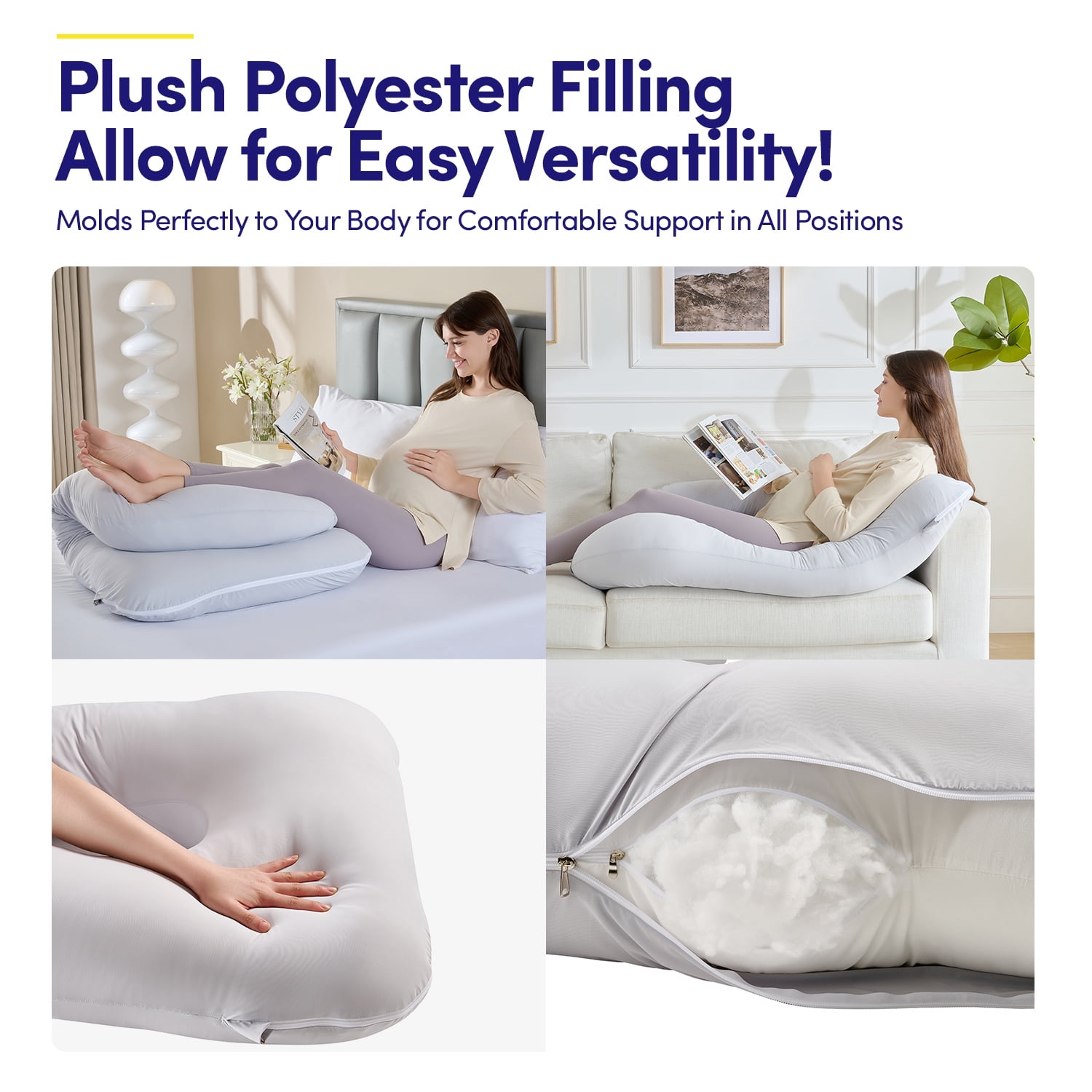 Cooling Pregnancy Pillows for Sleeping, U Shaped Full Body Pillow with Removable Cover, Grey
