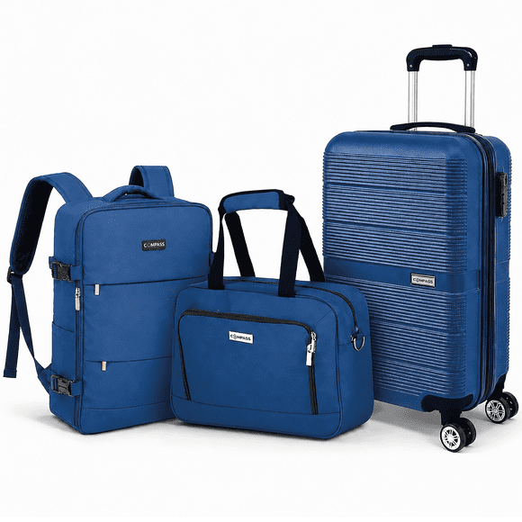 Juego De Maletas Compass Chicago Azul De 20", Backpack Y Neceser Con Candado TSA Y 8 Ruedas 360°