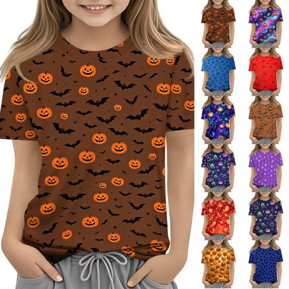 HAJWOH Halloween Shirts for Toddler Kids Girls 3/4 Sleeve Funny Graphic T-Shirt Casual Crewneck Tunic Tops Halloween Clothing