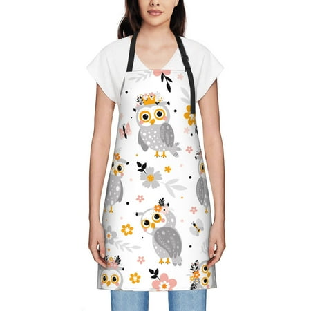 

Women S Waterproof Apron Dirt Resistant And Wear-Resistant Adjustable Apron Suitable For Cooking Flower Arrangement Painting Housework Cute Pattern Gray Owls Flowers White