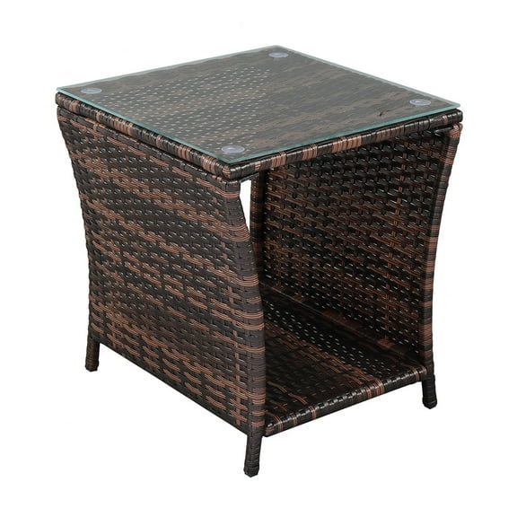EasingRoom Outdoor Wicker Side Table with Glass Top, Ptaio Wicker Furniture, Outdoor End Table, Sturdy Frame and Weather Resistant
