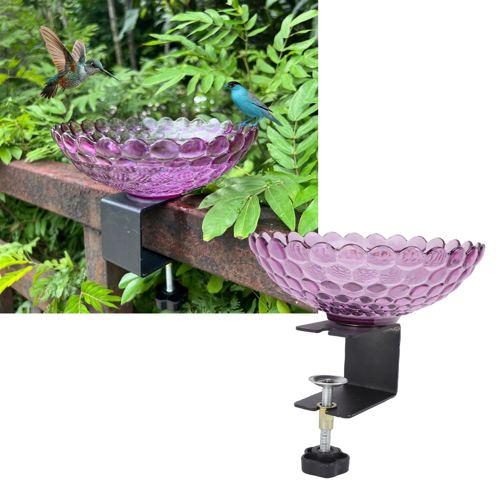 YAHHU Deck Mounted Bird Bath Plastic Detachable Bird Feeder Water Bowl with Adjustable Clamp for Fence Balcony Garden Yard Decor Purple 6.9x5.12 inches / 17.5x13 cm
