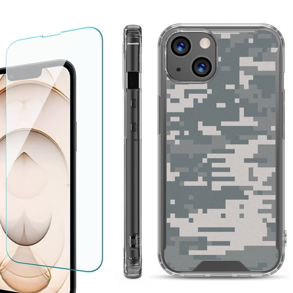 Shockproof Bumper Phone Case for iPhone 13, with Tempered Glass Screen Protector, by OneToughShield ® - Digital Camo
