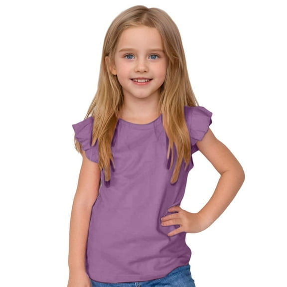 newwalpole Girls T Shirts Ruffle Shrit Plain Blank Tank Tops Short Sleeve Cotton Tshirts Basic Blouse 3T-10Years Purple for Size 2-3 Years