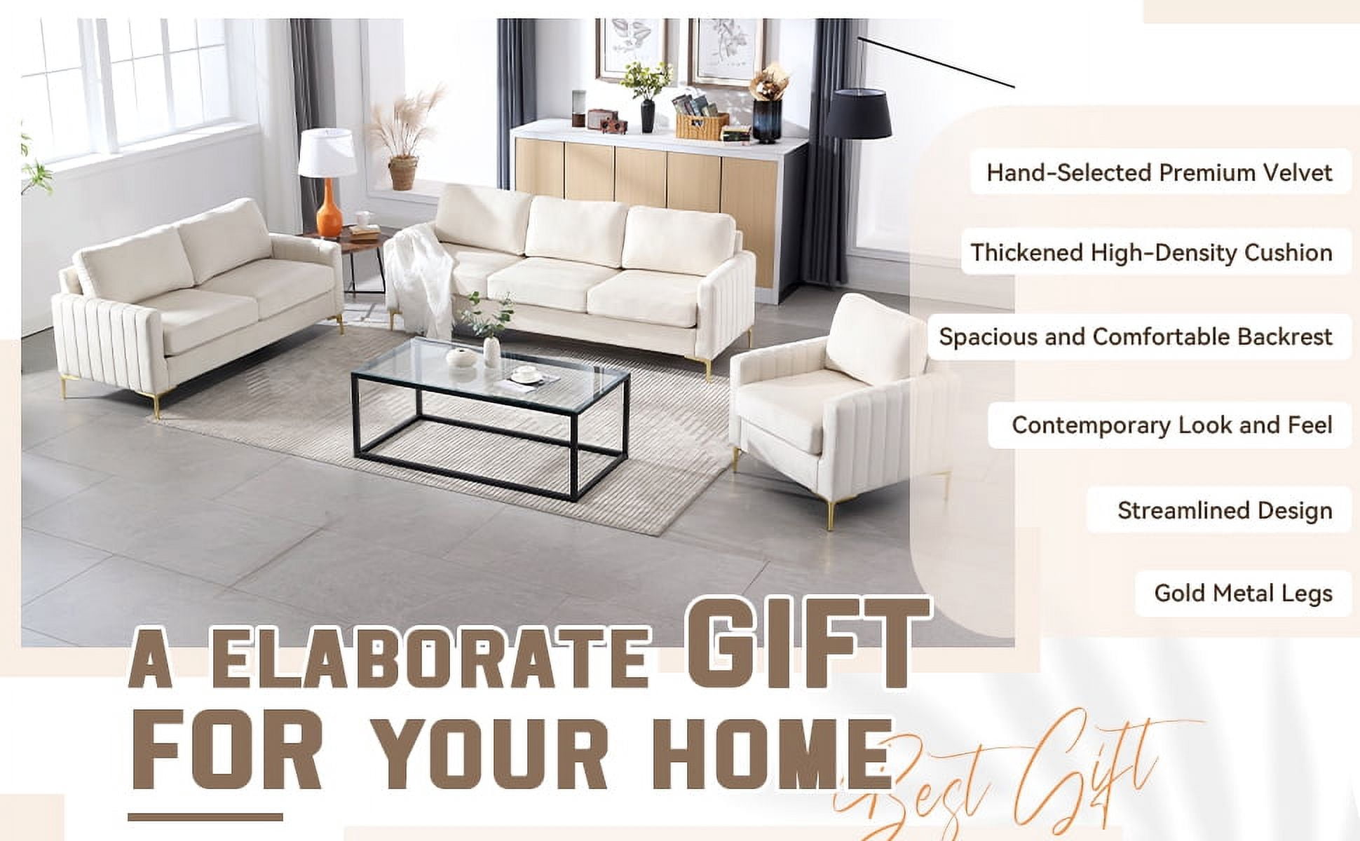 Muumblus Velvet 3 Piece Modern Living Room Furniture Sofa Sets, Beige