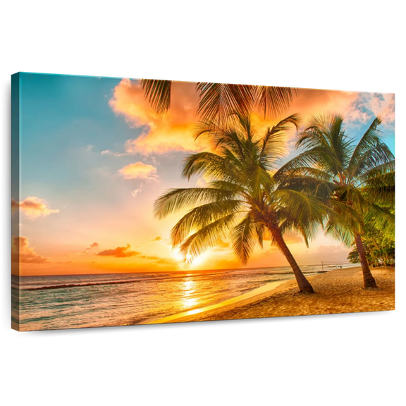Elephant Stock Golden Barbados Beach Sunset Wall Art - Horizontal Canvas Wall Art - Lobby Wall Decor - Beach Canvas - Brown And Orange Decor - 12" x 8"