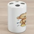 thumbnail image 1 of Bear Ceramic Toothbrush Holder, Teddy Toy Caught up in Rain Rubber Boots Holding an Umbrella Cartoon, Decorative Versatile Countertop for Bathroom, 4.5" X 2.7", Sand Brown Yellow Blue, 1 of 4