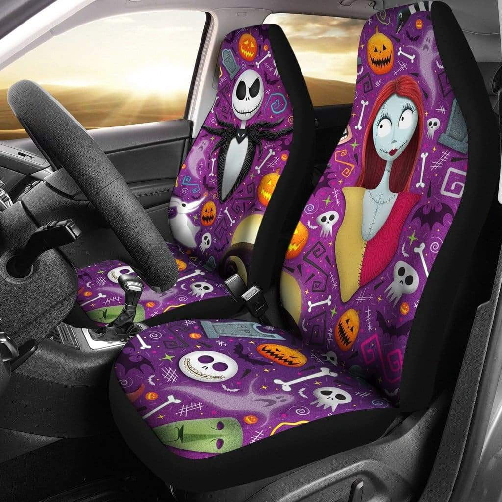 Jack Sally Purple Vibe Skelling Car Seat Covers Set 2Pc With Foaming Lining, Halloween Decorative Automotive Car Decor. Horror Movies Halloween Car Decor