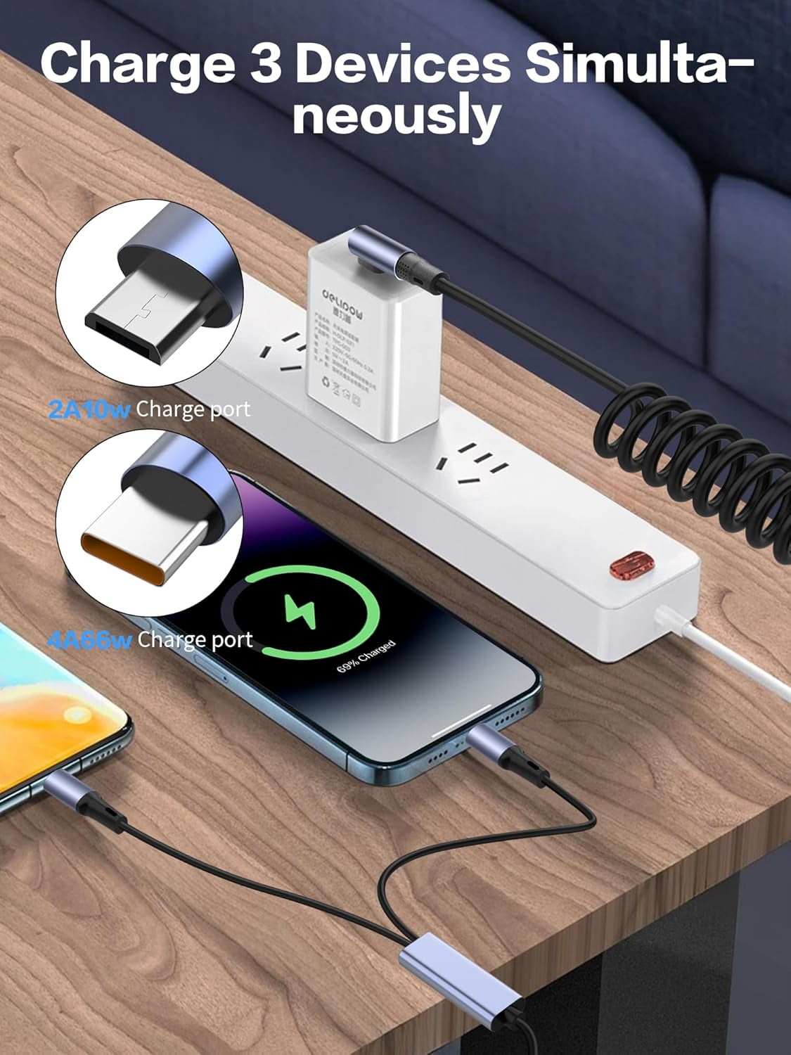 HRTGFD-2 in 1 Coiled USB C Cable, 90 Degree Right Angle Type C Fast Charging Cable, 2-Port USB C Splitter Charger Cord for Simultaneous Charging Android Phones, Tablets, and More (Micro+Type C)