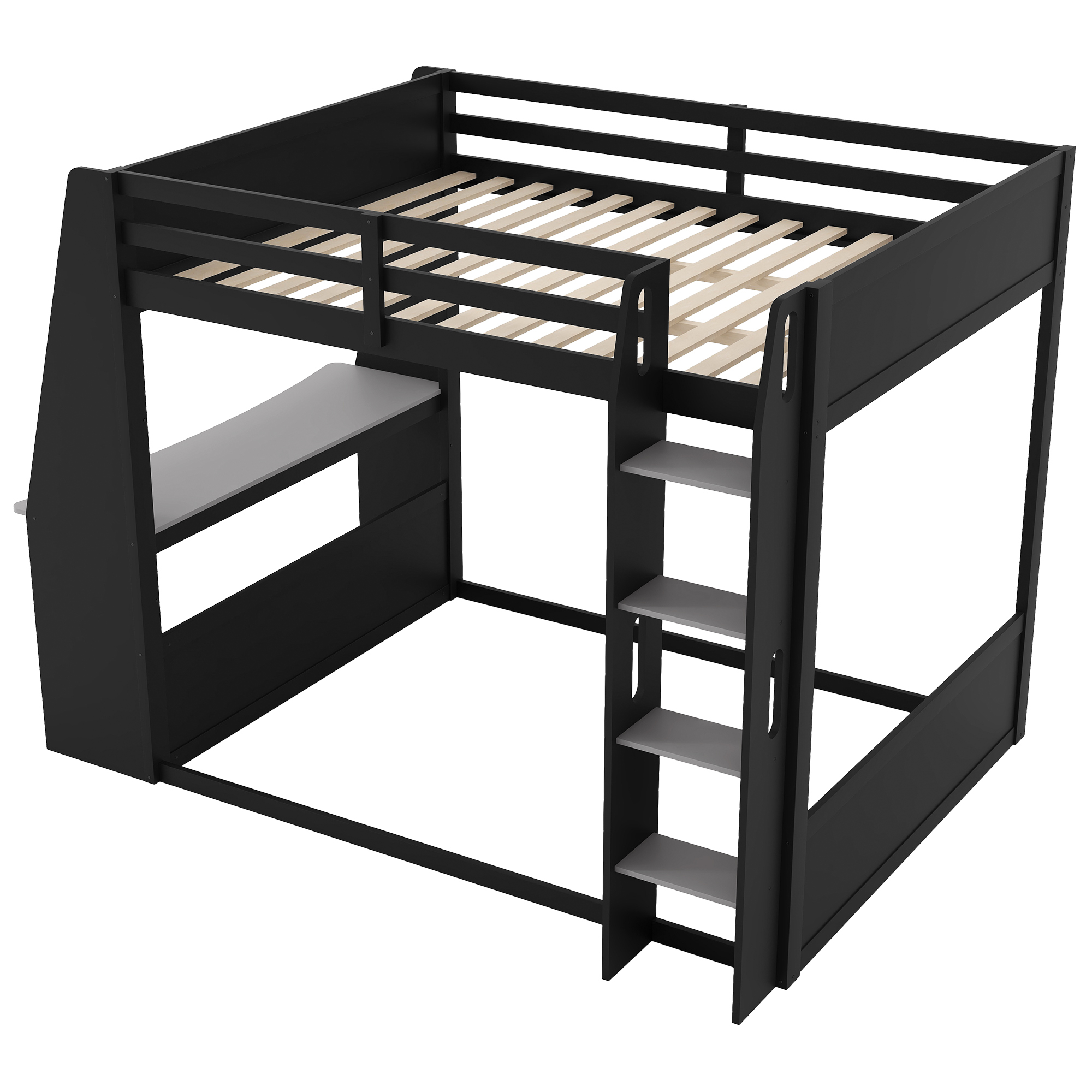 Euroco Wood Full Size Bunk Bed with Desk and Shelves, Gaming Bed with LED Light and USB Charging, Grey