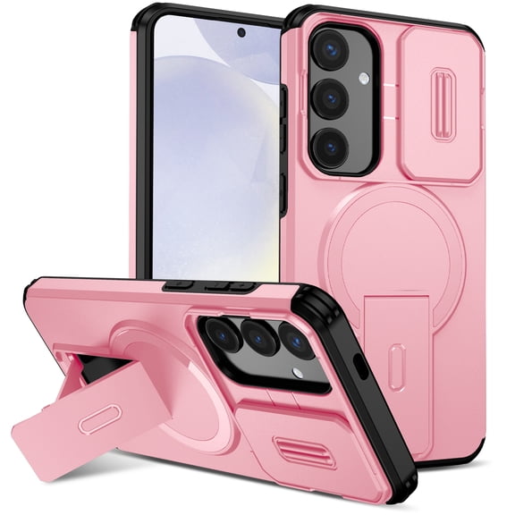 Magnetic For Samsung Galaxy S24 Phone Case,With Contractile Kickstand,Camera Cover,Compatible with Mag-Safe,Heavy Duty Shockproof Protection Anti-fall Anti-Scratch Rugged Phone Case,Pink