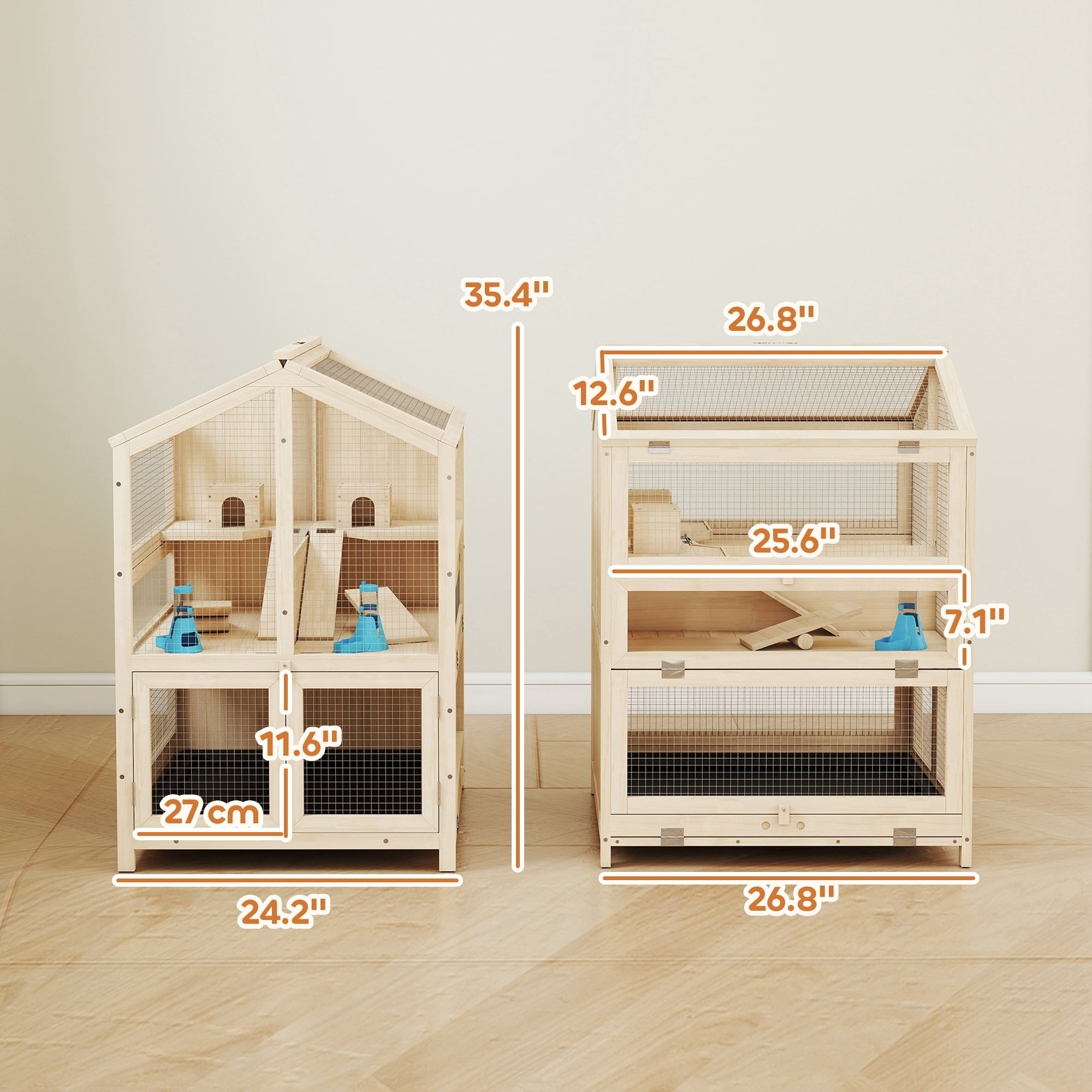 PawHut Wooden Hamster Cage, Large 3 Tier Hamster Cage with Pull-Out Tray, Hut, Seesaws, Ramps, 26.8" L x 24.2" W x 35.4" H