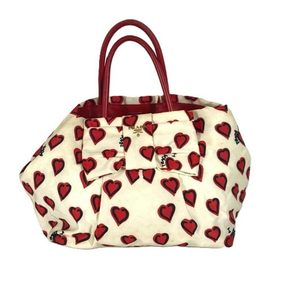 Pre-Owned PRADA Prada Heart Logo Handbag Bag Bicolor Tote Leather Nylon Women's White (Fair)