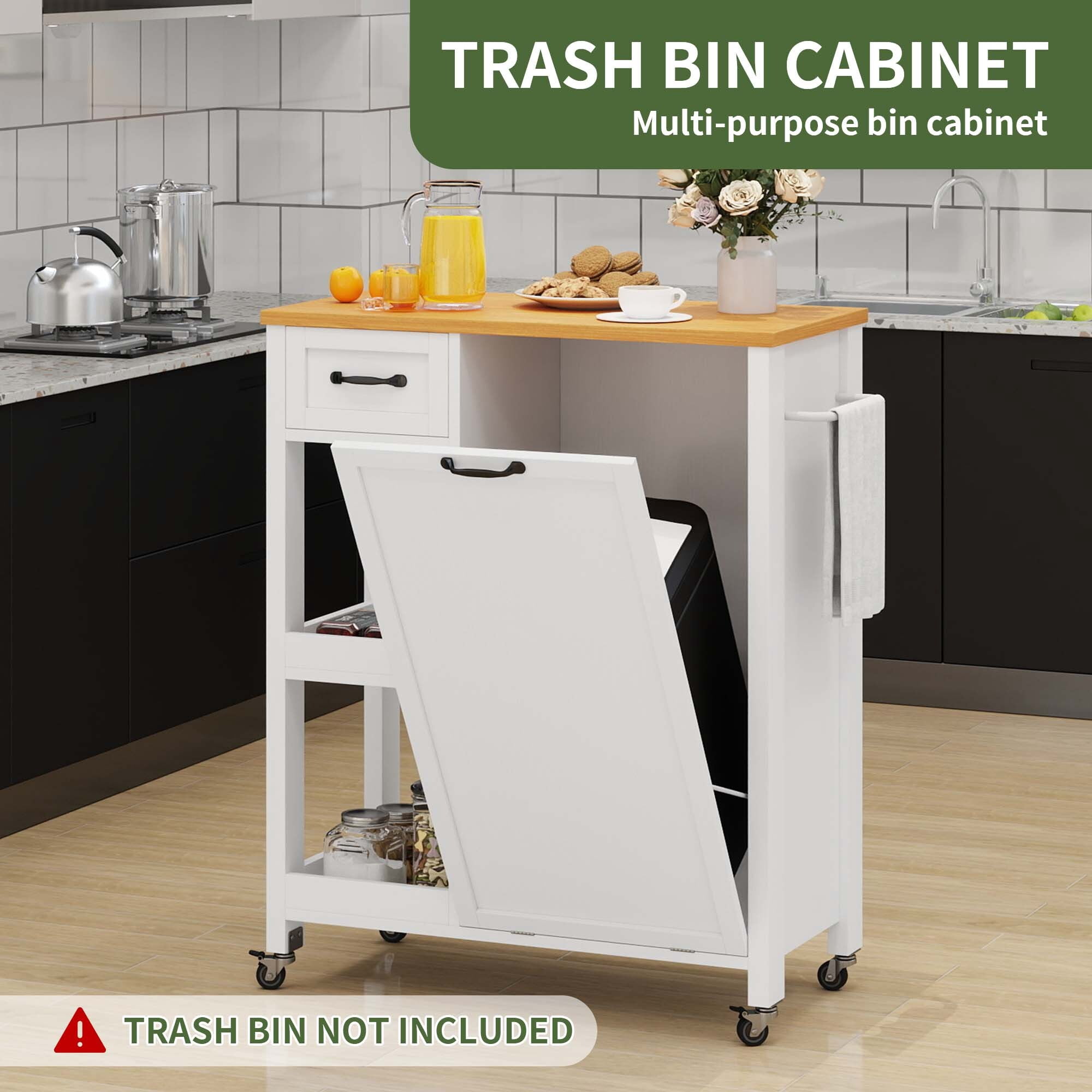 Uforic Kitchen Storage Cart with 13-gal Trash Storage Cabinet, Kitchen Island with Shelves & Drawer, White