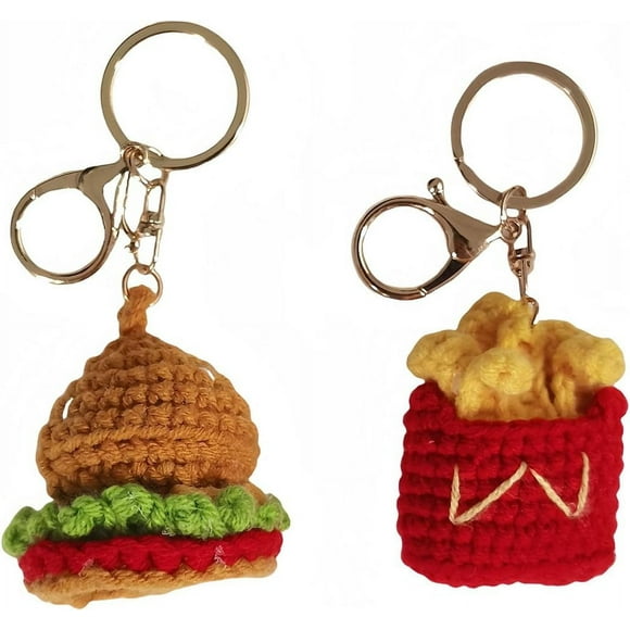 2PCS Cute Crochet Keychain, Creative Fries Burger Set Bag Charms, Handmade Key Chain for Backpack, Gifts for Him/Her