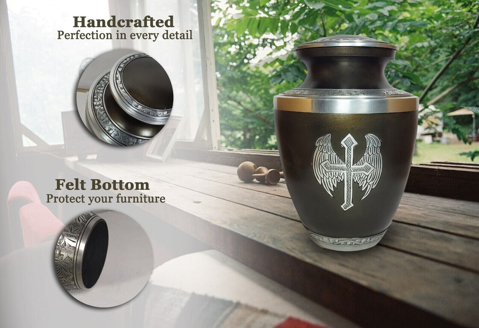 Angel Wing Cremation Urn Dark Green Engraved Funeral Jar Human Pet Ashes Large size urn with velvet bag