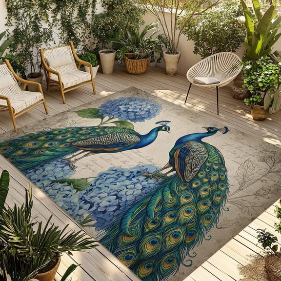 Vintage Peacock Outdoor Rug for Patio/Deck/Porch, Non-Slip Large Area Rug 3 x 5 Ft, Blue Floral Animals Feather Retro Art Indoor Outdoor Rugs Washable Area Rugs, Reversible Camping Rug Carpet Runner