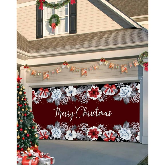 Garage Door Banner Cover 7 x 16 ft, Merry Christmas Red Bow Poinsettia Flowers Christmas Garage Door Decorations Holiday Christmas Backdrop Decor for Winter New Year Xmas Party