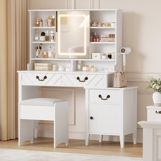white metal dressing table White Makeup Vanity Table Dressing Desk 3-Mirrors,LED Lighted, 9-Drawers, Hidden Storage Shelves, Carved Metal Handles