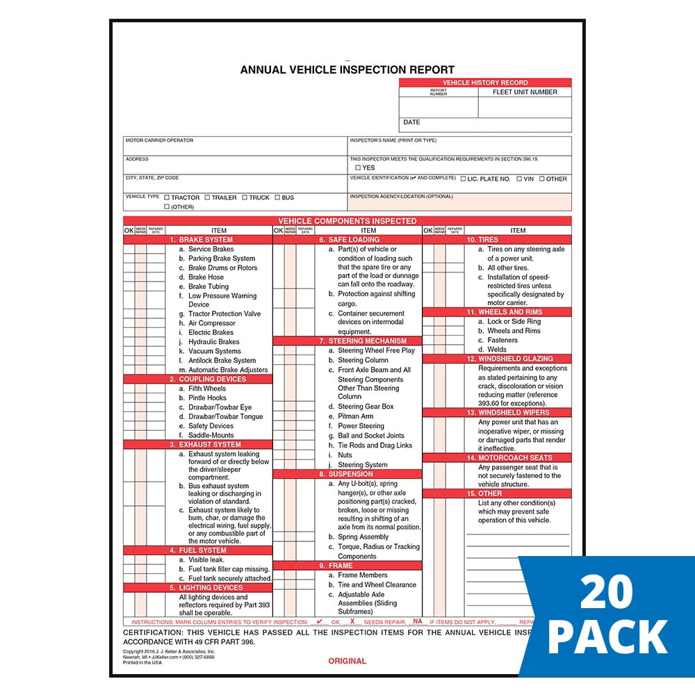 Annual Vehicle Inspection Report Form 20pk. SnapOut