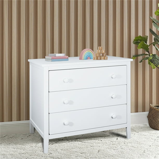 White 3 Drawer Dresser for Bedroom, Modern Nightstand Chest of Drawers with Round Handle