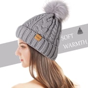REDESS Women Winter Pompom Beanie Hat with Warm Fleece Lined, Thick Slouchy Knit Skull Ski Cap-Grey
