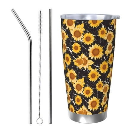 

Junzan Black Marble Pattern Sunflower for 20oz Stainless Steel Insulated Car Cup with Spillproof Lid - Insulated Coffee Mug Thermal Cup-Straw Three-piece Set