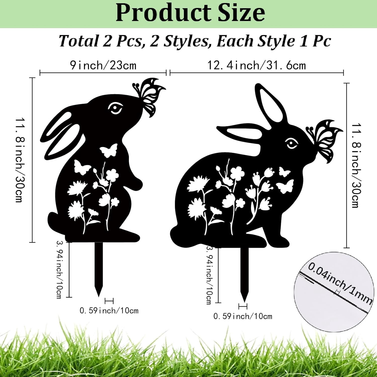 2Pcs Rabbit Metal Decor for Outside Black Rabbit Stake Rabbit Garden Decor Art Bunny Silhouette Statues Garden Decorative Ground Insert Lawn Ornaments for Outside Outdoor 9/12.4x11.8Inch