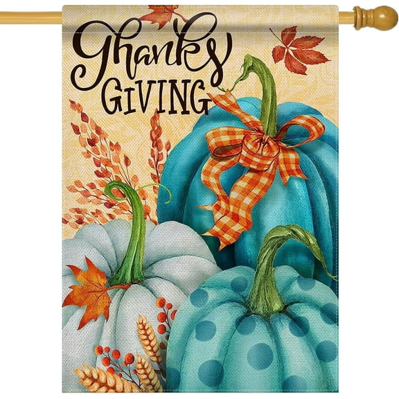 Thanksgiving Blue Teal White Pumpkin Large House Flag, Maple Leaves Polka Dot Decorative Garden Yard Outside Decorations, Fall Autumn Harvest Farmhouse Burlap Outdoor Home Decor Double Sided 28