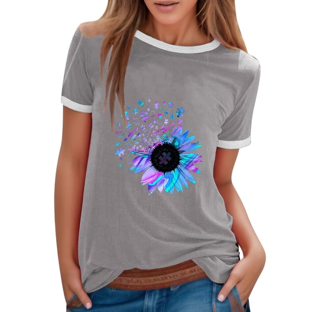 Gibobby Blusa de Trabajo de Manga Corta Blusa informal con cuello redondo para mujer, camiseta manga corta con estampado girasoles en color, camiseta vacac(Gris,M)