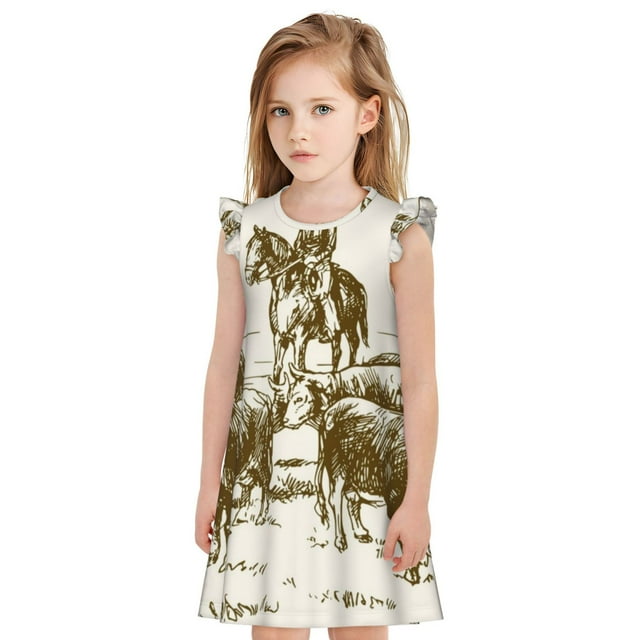 Fotbe Cattle Drive By Two Cowboys Vestido de Dormir para Niñas de 3 a 10 Años, Mangas Cortas, Estilo Princesa, Pijama Camisón con Mangas Voladas-Medium