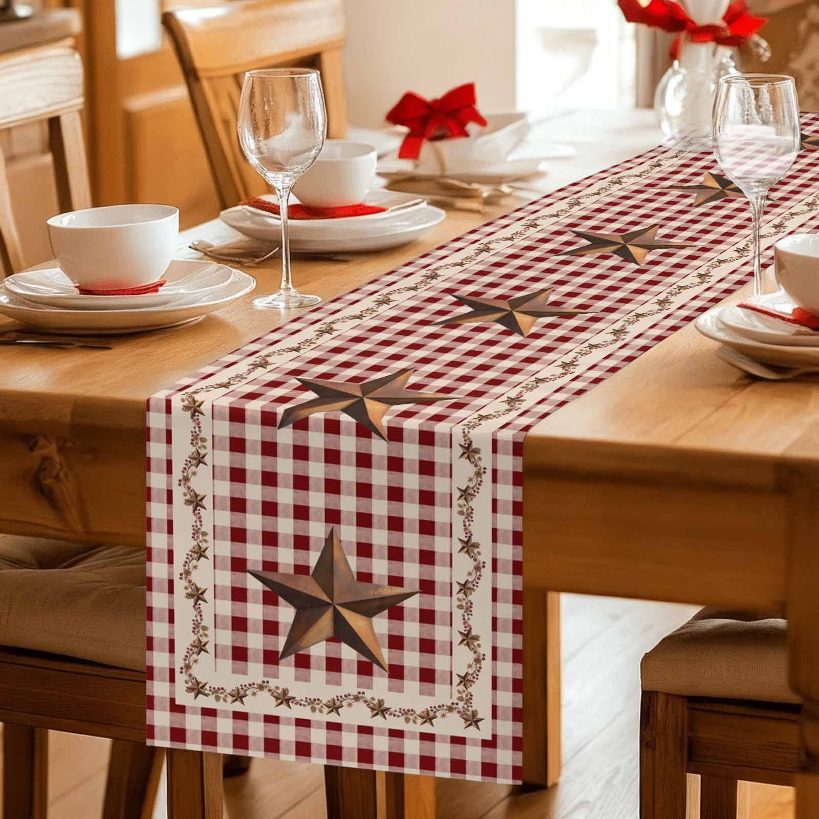 Rusty Country Stars Table Runner, Farmhouse Berries Vine Red Beige Plaid Cotton Linen Kitchen Table Decoration Washable Dining Tabletop Runners for Home Party Decor 13x108 Inches