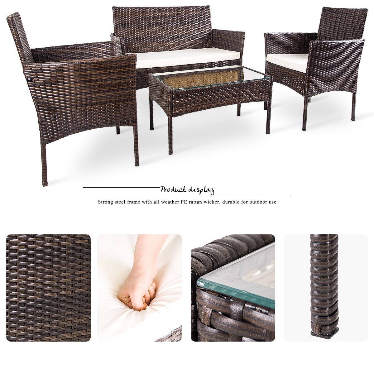 Merax 4 Pc Patio Furniture Sets Outdoor Garden Rattan Furniture Sets Cushioned Seat Wicker Sofa Brown L Patio Lawn Garden Patio Seating