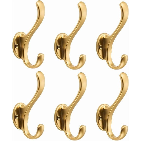 6 Pack Brushed Gold Coat Hooks Wall Mount Heavy Duty Utility Retro Double Hooks for Hanging Coats,Hat, Towel, Key, Robe, Scarf, Bag, Cap (Brushed Gold)
