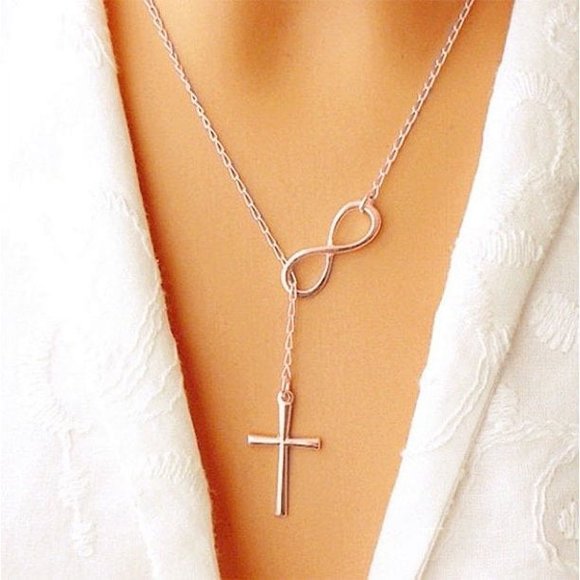 18k Gold  Sterling Silver Infinity Cross Lariat Necklace