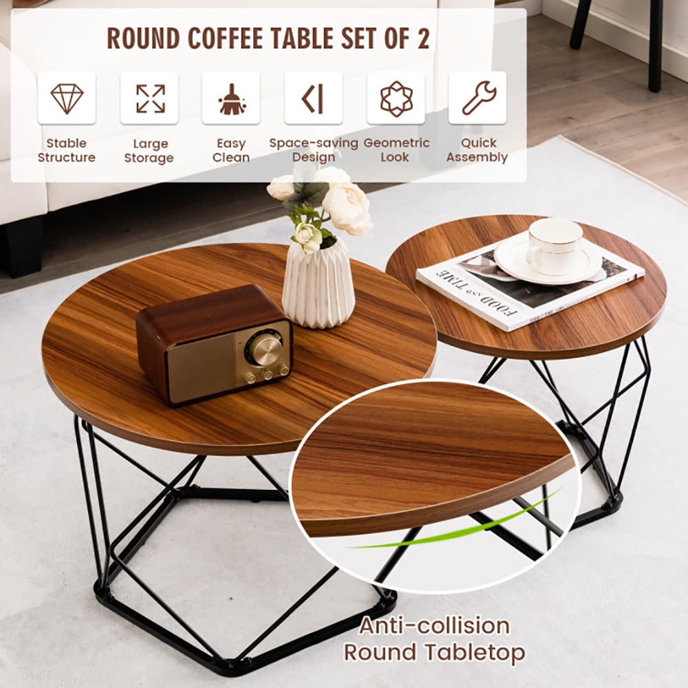 Finihen Coffee Table, Round Coffee Table, Set of 2 Modern Round Coffee Table with Pentagonal Steel Base, for Living Room, Reception Room, Rustic Brown Finihen Coffee Table, Round Coffee Table, Set of 2 Modern Round Coffee Table with Pentagonal Steel Base, for Living Room, Reception Room, Rustic Brown