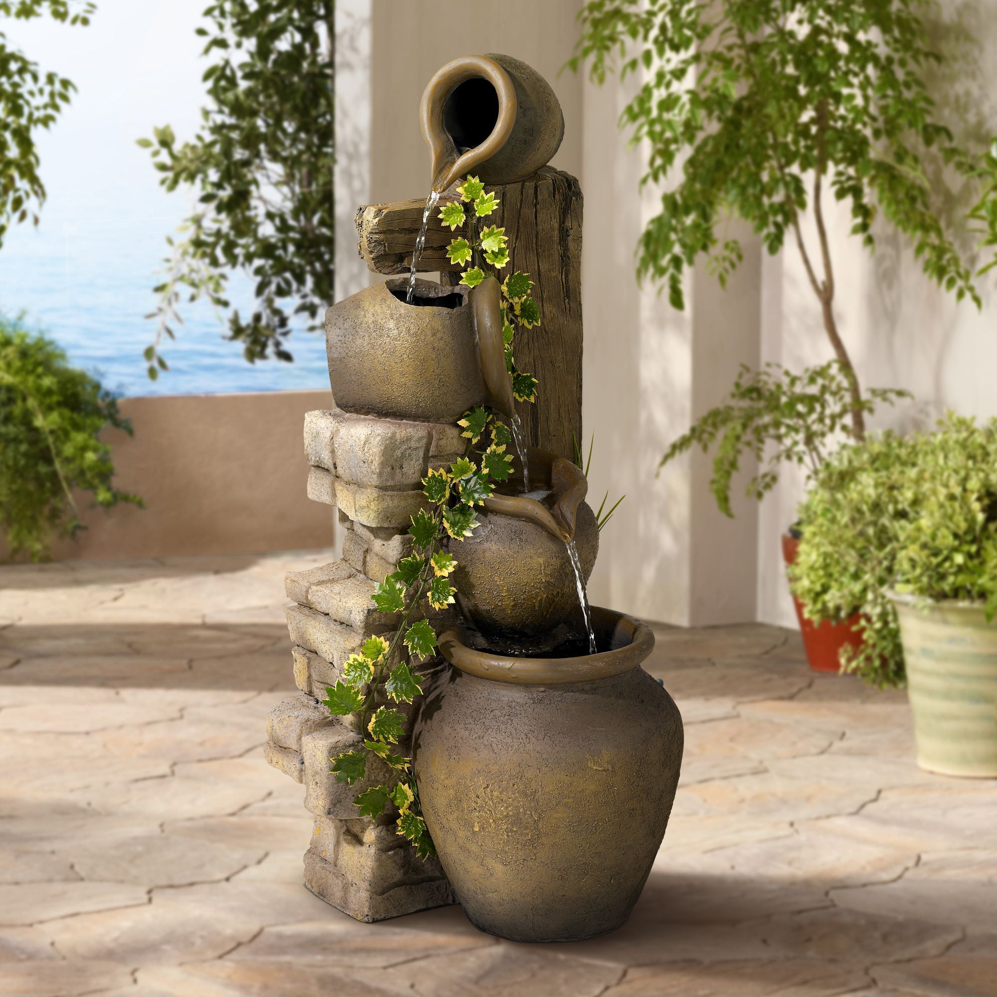 Details about   Rustic Modern Outdoor Floor Water Fountain 41" Cascading Leaves for Yard Garden 