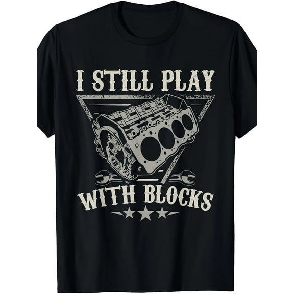 Men's "I Still Play with Blocks" Graphic T-Shirt - 100% Cotton Short Sleeve Round Neck Black Tee with Engine & Tools Design, Casual Summer Top for Automotive Enthusiasts, Machine Washable