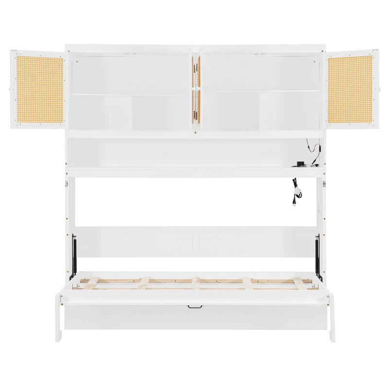 Twin Size Storage Murphy Bed with Cabinets w/ Rattan Door, Foldable Platform Bed Frame with Built-in Light & Charge Station