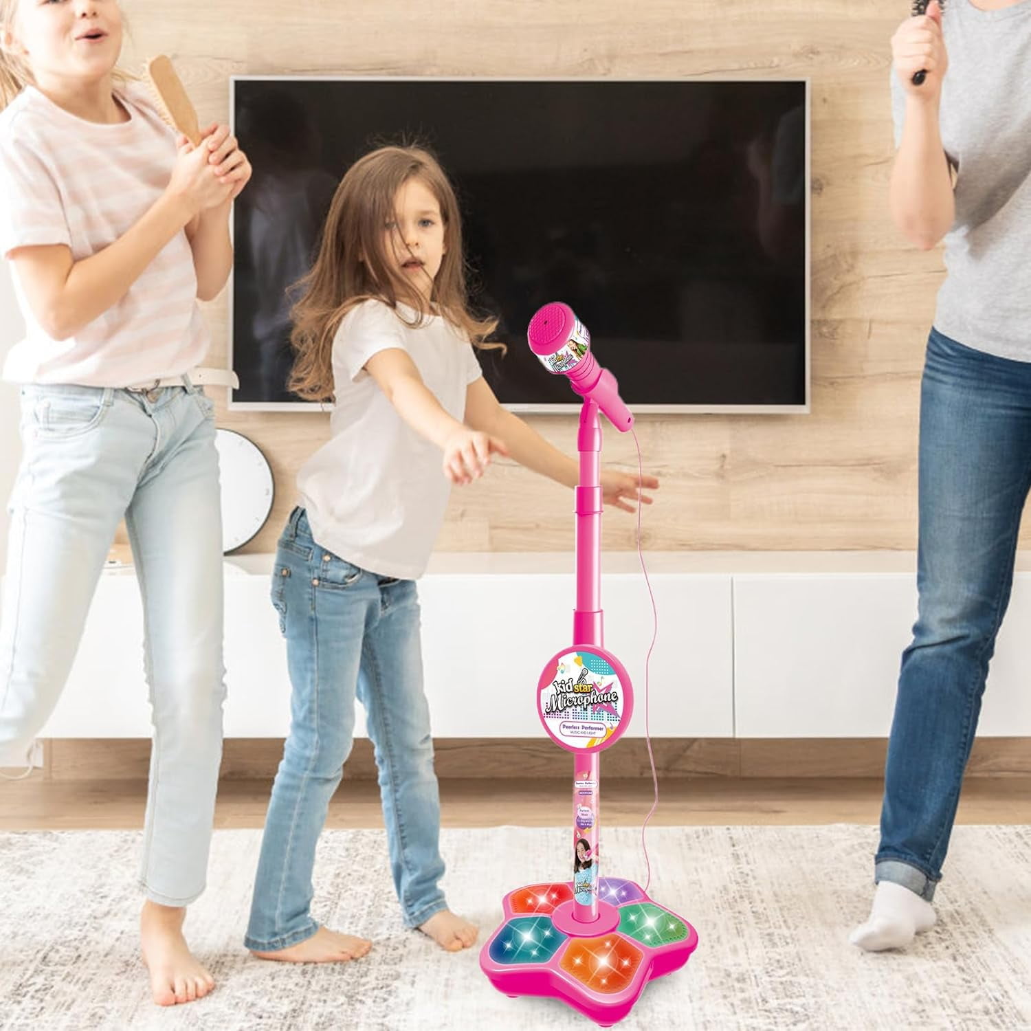 Karaoke Machine for Kids, Singing Microphone for Girls 3-6 Years Old, Microphones and Adjustable Stand, Stage Lights and Pedals for Fun Musical Effects