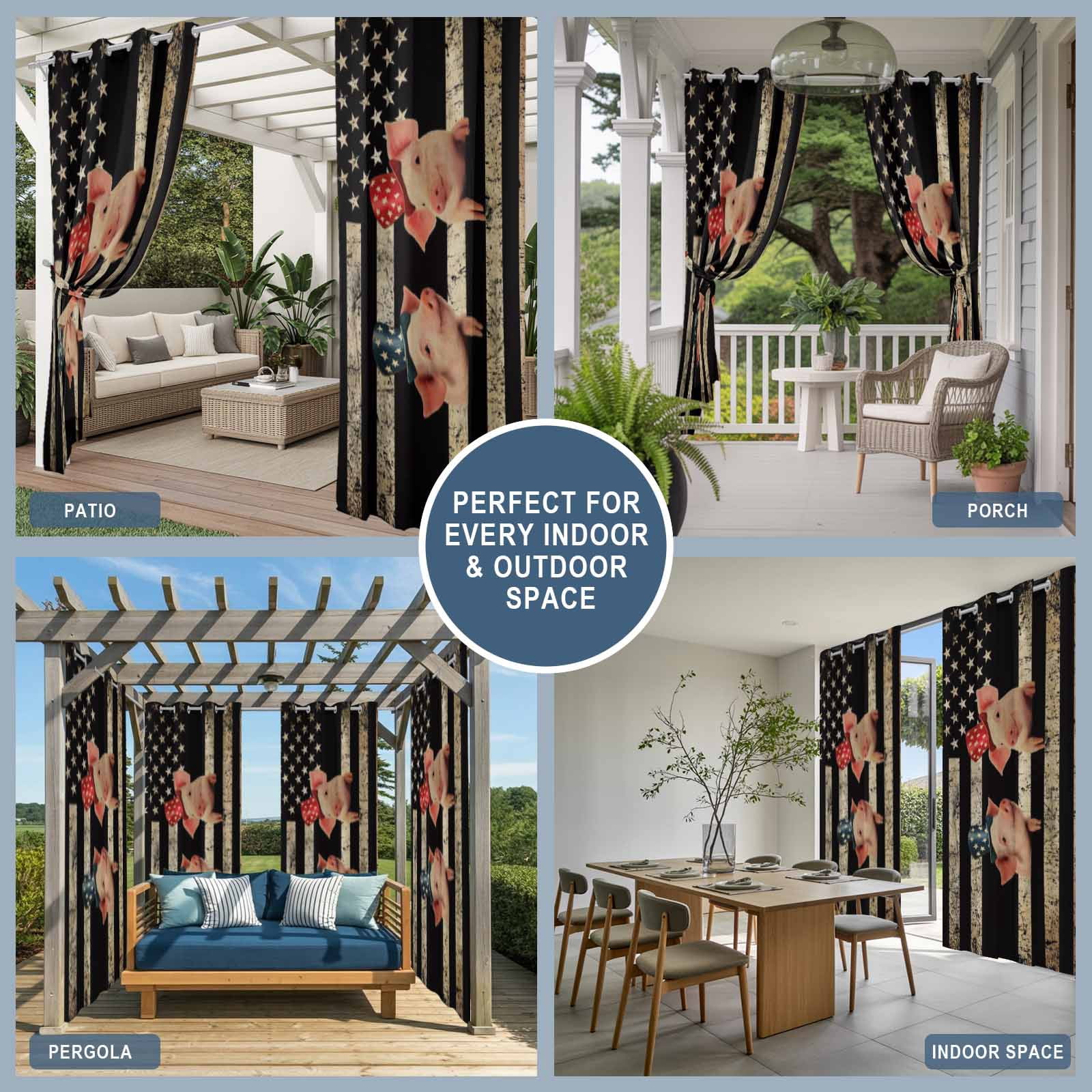 Independence Day Outdoor Curtains for Patio, Retro Five-Pointed Star U.S. Flag Farm Funny Pigs Sunshade Privacy Drapes Grommet Waterproof Outside Curtains for Porch/Cabana/Balcony 54"x 108", 1 Panel