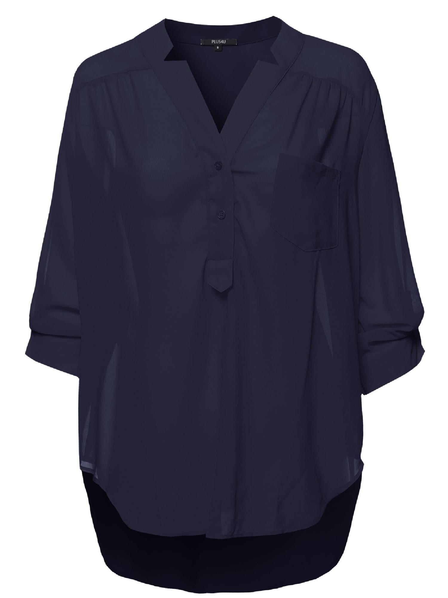 FashionOutfit Women's Plus Size Henley Neck w/ Pocket 3/4 Sleeve Sheer ...