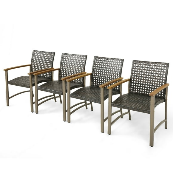 Gymax Outdoor Rattan Chair Set of 4 Patio PE Wicker Dining Chairs w/ Acacia Wood Armrests Balcony Poolside
